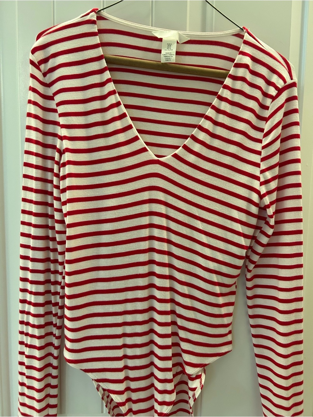 H&M Red and White Striped V-Neck Long Sleeve Bodysuit